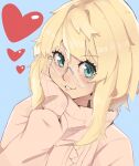  1girl absurdres blonde_hair blue_background blue_eyes blush bridget_(guilty_gear) brown_sweater glasses grin guilty_gear guilty_gear_strive heart highres long_hair long_sleeves looking_at_viewer maishtar_colo parted_lips round_eyewear simple_background smile solo sweater teeth turtleneck turtleneck_sweater upper_body white-framed_eyewear 