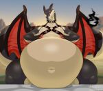 amber_eyes anthro bdsm belly big_belly black_body collar dragon ear_piercing ear_ring harness male nazuuuu obese obese_anthro overweight overweight_anthro piercing ring_piercing scalie solo thick_thighs white_belly winged_dragon wings