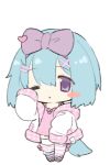  1girl :&lt; animal_ears blouse blue_hair blush_stickers borrowed_character bow chibi closed_mouth dog_ears dog_girl dog_tail full_body hair_between_eyes hair_ornament hairpin hand_up headband jacket lapithai looking_at_viewer lowres medium_hair one_eye_closed original pale_skin pink_footwear pink_jacket pink_socks purple_bow purple_eyes shirt simple_background sleeves_past_fingers sleeves_past_wrists socks solo standing striped striped_socks tail thighhighs transparent_background white_jacket white_socks white_thighhighs 