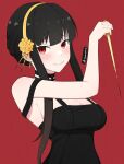  1girl atamonica bare_shoulders black_dress black_hair blood blood_on_weapon blush breasts cleavage dagger dress earrings eyebrows_visible_through_hat gold_earrings gold_hairband hairband jewelry knife looking_at_viewer red_background red_eyes short_hair_with_long_locks sidelocks smile solo spy_x_family stiletto_(weapon) weapon yor_briar 