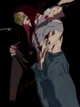  1boy absurdres bandages blonde_hair blood blood_on_face chest_sarashi cigarette donquixote_rocinante fengcheche hat highres holding hood makeup male_focus naked_bandage one_piece red_hood sarashi scar simple_background smoking solo 