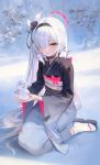  1girl absurdres black_eyes black_kimono blue_archive blush closed_mouth hair_over_one_eye halo highres ikkia japanese_clothes kimono long_hair long_sleeves looking_at_viewer obi plana_(blue_archive) red_halo sash smile snow snowman socks solo white_hair white_socks wide_sleeves 