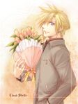  1boy black_shirt blonde_hair blue_eyes border bouquet character_name cloud_strife collared_shirt final_fantasy final_fantasy_vii flower grey_jacket hand_in_pocket holding holding_bouquet jacket long_sleeves looking_at_viewer male_focus pink_flower pink_tulip shirt short_hair solo spiked_hair tsuki_oto_sena tulip upper_body 