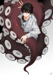  1boy absurdres black_eyes black_hair black_shirt chainsaw_man ear_piercing highres jacket looking_at_viewer male_focus mei-0 multiple_piercings octopus piercing shirt short_hair solo suction_cups tentacles white_jacket yoshida_hirofumi 