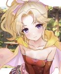  1girl blonde_hair breasts cape collarbone detached_sleeves dress eyelashes final_fantasy final_fantasy_vi highres looking_at_viewer ponytail purple_eyes red_dress small_breasts smile solo strapless strapless_dress terra_branford upper_body yua_666666 