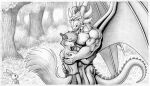 2024 abs anthro biceps bottomwear bulge canid canine clothing dragon duo embrace eyes_closed farin forest fox geminisaint grass horn hug intimate lagomorph leporid loincloth male male/male mammal monochrome nipples pecs plant rabbit romantic romantic_couple scalie sekk&#039;ral size_difference smile tree vein veiny_muscles western_dragon