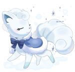  alolan_vulpix animal_focus artist_name blue_bow blue_capelet bow capelet closed_eyes closed_mouth commentary eyelashes fur-trimmed_capelet fur_trim iwasi_29 multiple_tails no_humans pokemon pokemon_(creature) smile sparkle symbol-only_commentary tail twitter_username white_background white_fur 