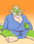 2024 absurd_res anthro beard belly big_belly bullbluedog dragon facial_hair feet green_body hi_res kemono male mustache overweight overweight_male simple_background sitting solo