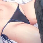  1girl black_panties black_pants blue_archive close-up clothes_pull commission lying navel on_back panties pants pants_pull pixiv_commission saori_(blue_archive) side-tie_panties skindentation solo string_panties sweat torimaru underwear 
