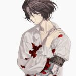  1boy bishounen brown_hair closed_eyes highres lies_of_p male_focus mik_blamike petals pinocchio_(lies_of_p) rose_petals shirt simple_background solo upper_body white_background white_shirt 