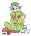  1girl alternate_costume backwards_hat baseball_cap bottle closed_mouth food full_body gradient_hair green_eyes green_footwear green_hair green_jacket green_pants hand_on_own_knee hat idol_time_pripara jacket knees_up long_sleeves looking_at_viewer multicolored_hair nijiiro_nino onigiri pants plate pretty_series pripara rituyama1 shoes short_hair simple_background sitting smile solo toolbox water_bottle white_background 