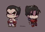  2boys belt black_eyes black_hair black_jacket black_pants chibi closed_mouth crossed_arms fingerless_gloves full_body gloves grey_background heterochromia jacket kazama_jin kotorai male_focus martial_arts_belt mishima_kazuya multiple_boys no_nose pants purple_belt red_eyes red_footwear red_gloves scar scar_on_cheek scar_on_chest scar_on_face signature tekken thick_eyebrows topless_male translation_request v-shaped_eyebrows white_pants 