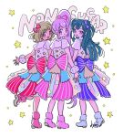  3girls :d blue_bow blue_eyes blunt_bangs boots bow brown_hair dress from_behind full_body fur_boots green_hair group_name hair_bow idol_clothes long_hair looking_at_viewer looking_back manaka_non multiple_girls open_mouth pink_bow pink_footwear pretty_series pripara purple_eyes purple_hair red_bow rituyama1 short_hair side_ponytail signature smile standing standing_on_one_leg star_(symbol) starry_background taiyo_pepper tsukikawa_chili two_side_up very_long_hair 