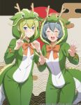  2girls absurdres blonde_hair blue_eyes blush bow closed_eyes dragon_horns dragon_tail dungeon_ni_deai_wo_motomeru_no_wa_machigatteiru_darou_ka elf green_pajamas highres hood horns looking_at_viewer multiple_girls new_year official_art open_mouth orange_bow pajamas pointy_ears ryu_lion syr_flover tail v 