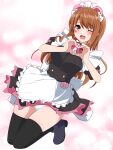  1girl akiba_maid_sensou animal_ears apron black_dress black_thighhighs blush breasts brown_hair commission cosplay dress fake_animal_ears full_body heart heart_hands highres kisaragi_setsu_(mssk8485) koufuku_graffiti long_hair machiko_ryou maid maid_apron maid_headdress mannen_ranko mannen_ranko_(cosplay) medium_breasts name_tag one_eye_closed panties pig_ears pixiv_commission solo thighhighs underwear voice_actor_connection white_panties 