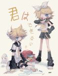  1boy 1girl absurdres black_sleeves blonde_hair blue_eyes blush_stickers bow brother_and_sister detached_sleeves grey_sleeves hair_bow hair_ornament hairclip highres kagamine_len kagamine_rin kneeling leg_warmers meyou_0319 necktie one_eye_closed ribbon short_hair siblings standing stuffed_animal stuffed_toy treble_clef twins vocaloid yellow_necktie 