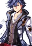  1boy akane_kazami black_eyes blue_hair coat dated eiyuu_densetsu hair_between_eyes highres open_clothes open_coat portrait rean_schwarzer sen_no_kiseki sen_no_kiseki_iii shirt signature simple_background smile solo swept_bangs upper_body white_background 