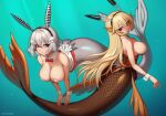  2girls animal_ears artist_name blonde_hair blue_eyes bow bowtie commission fins head_fins headband isla_(cophocoa) kuroonehalf long_hair mermaid monster_girl multiple_girls nontraditional_playboy_bunny original rabbit_ears red_bow red_bowtie red_eyes sea_slug short_hair underwater white_hair white_wrist_cuffs wrist_cuffs 