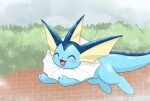 2023 3_toes :3 ^_^ ambiguous_gender blue_body blue_skin blue_tail blush cloud cloudy colored day detailed_background digital_media_(artwork) ear_fins eeveelution eyes_closed feet feral fin frill_(anatomy) full-length_portrait generation_1_pokemon happy head_fin hi_res jumping kemono kenikenikeke mammal marine monotone_tail neck_frill nintendo open_:3 open_mouth open_smile outside plant pokemon pokemon_(species) portrait quadruped raining running shaded shrub side_view signature sky smile solo tail toes vaporeon wet