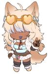  1girl :3 ahoge animal_ears blonde_hair blue_hair blue_leotard blue_ribbon borrowed_character brown_gloves brown_hair brown_skirt chest_harness chibi chow_chow closed_mouth colored_tips colored_tongue dark-skinned_female dark_skin detached_sleeves dog_ears dog_girl dog_tail facing_viewer full_body fur-trimmed_footwear fur-trimmed_skirt fur-trimmed_sleeves fur_trim gloves goggles goggles_on_head gradient_hair grey_leg_warmers hair_over_eyes hair_ribbon hand_up harness lapithai leg_warmers leotard long_hair low_twintails lowres multicolored_hair original partially_fingerless_gloves pigeon-toed pom_pom_(clothes) purple_tongue ribbon simple_background skirt solo standing tail tinted_eyewear tongue tongue_out transparent_background twintails v yellow-framed_eyewear yellow-tinted_eyewear 