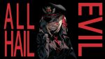  black_background black_coat black_gloves black_headwear coat evil_grin evil_neuro-sama evil_smile gloves glowing glowing_eyes grin hat highres indie_virtual_youtuber lapels military_hat military_uniform necktie red_eyes red_ribbon ribbon smile twintails uniform 