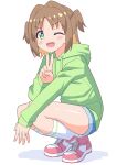  1girl ;d bare_legs blue_shorts brown_hair changaa colored_inner_hair commentary cross-laced_footwear diamond-shaped_pupils diamond_(shape) drawstring fang full_body green_eyes green_hoodie hair_intakes highres hood hood_down hoodie long_sleeves looking_at_viewer multicolored_hair oka_asahi one_eye_closed onii-chan_wa_oshimai! open_mouth orange_hair parted_bangs red_footwear shoes short_hair short_shorts shorts simple_background smile sneakers socks solo squatting symbol-shaped_pupils two-tone_hair two_side_up v white_background 