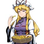  1girl blonde_hair breasts closed_mouth english_commentary english_text food french_fries giantcavemushroom hat highres holding holding_food long_hair long_sleeves looking_at_viewer medium_breasts mob_cap purple_eyes sidelocks simple_background solo tabard touhou upper_body white_background white_headwear wide_sleeves yakumo_yukari 