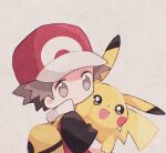  1boy animal backpack bag baseball_cap black_eyes black_shirt brown_eyes brown_hair expressionless grey_background hand_up hat high_collar highres holding holding_animal holding_pokemon looking_back male_focus mgomurainu open_mouth pikachu pokemon pokemon_(creature) pokemon_frlg red_(pokemon) red_headwear red_vest shirt short_hair short_sleeves smile upper_body vest yellow_bag 