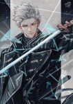  1boy absurdres blue_eyes closed_mouth coat devil_may_cry_(series) fingerless_gloves gloves highres holding holding_weapon katana lolvivianli male_focus solo sword vergil_(devil_may_cry) weapon white_hair yamato_(sword) 