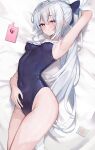  1girl absurdres armpits ass bare_arms bare_legs bare_shoulders bed_sheet black_one-piece_swimsuit blue_archive blue_halo blush commentary_request cowboy_shot frilled_one-piece_swimsuit frills grey_hair halo highres long_hair looking_at_viewer miyako_(blue_archive) miyako_(swimsuit)_(blue_archive) off-shoulder_one-piece_swimsuit off_shoulder one-piece_swimsuit purple_eyes seven_star_(jkmjktjtwmjt) solo swimsuit 