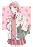 1girl absurdres bag bangs blazer blush bright_pupils buttons cardigan collared_shirt cowboy_shot diagonal-striped_necktie drink drinking drinking_straw drinking_straw_in_mouth food-themed_background fruit_background grey_bag highres holding holding_drink jacket lapels long_sleeves looking_to_the_side maria_komaki milk_carton mouth_hold necktie notched_lapels open_clothes open_jacket original parted_bangs pink_background pink_cardigan pink_eyes pink_hair pink_skirt pink_theme pleated_skirt red_necktie school_bag school_uniform shirt short_hair skirt solo strawberry_background strawberry_milk two-tone_background unbuttoned unbuttoned_jacket white_background white_jacket white_shirt 