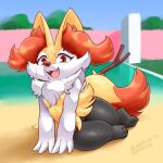  1:1 2023 3_fingers 3_toes anthro black_body black_fur blasticussaturn braixen breasts canid canine claws digital_media_(artwork) eyelashes fangs feet female fence fingers fur generation_6_pokemon grass hi_res inner_ear_fluff looking_at_viewer lying mammal nintendo on_side open_mouth plant pokemon pokemon_(species) red_body red_eyes red_fur red_nose signature sky smile solo stick teeth toe_claws toes tongue tree tuft white_body white_fur yellow_body yellow_fur 
