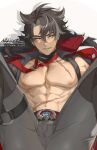  abs bara bare_pectorals black_choker black_hair blue_eyes chinese_text choker coat ear_piercing earrings english_commentary english_text fur-trimmed_coat fur_trim genshin_impact grey_pants hair_between_eyes highres jewelry looking_at_viewer male_focus navel necktie ngkhyn nipples open_clothes pants pectorals piercing red_necktie scar scar_on_chest scar_on_neck scar_on_shoulder scar_on_stomach short_hair signature simple_background spread_legs white_background wriothesley_(genshin_impact) 