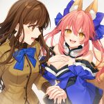  2girls :d animal_ear_fluff animal_ears anniversary blue_bow blue_dress blue_ribbon blush bow breasts brown_eyes brown_hair cleavage commentary couple detached_collar detached_sleeves dress eyelashes eyes_visible_through_hair fate/extra fate_(series) fox_ears fox_girl fox_tail grey_background hair_between_eyes hair_ribbon hand_on_own_chest happy highres holding_hands karokuchitose kishinami_hakuno_(female) large_breasts long_hair long_sleeves looking_at_another medium_breasts multiple_girls open_mouth pink_hair profile ribbon sidelocks simple_background smile strapless strapless_dress tail tamamo_(fate) tamamo_no_mae_(fate/extra) teeth tsurime twintails upper_teeth_only wide_sleeves yellow_eyes yuri 