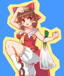  1girl :d arm_up ascot bag bloomers blue_background blush bow breasts brown_eyes brown_footwear brown_hair clenched_hand collared_shirt commentary_request cookie_(touhou) foot_out_of_frame frilled_bow frilled_hair_tubes frilled_shirt_collar frills hair_bow hair_tubes hakurei_reimu highres holding holding_bag kanna_(cookie) large_breasts leg_up long_hair looking_afar looking_to_the_side medium_bangs open_mouth plastic_bag red_bow red_shirt red_skirt sandals shirt showgirl_skirt sideboob sidelocks simple_background skirt skirt_set sleeveless sleeveless_shirt smile socks solo spring_onion touhou tsukuru_hajime v-shaped_eyebrows white_bloomers white_socks yellow_ascot 