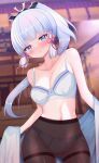  1girl absurdres black_pantyhose blue_eyes blue_hair blurry blurry_background blush bra breasts collarbone cowboy_shot genshin_impact hair_ornament highres kamisato_ayaka long_hair panties panties_under_pantyhose pantyhose ponytail small_breasts solo teec underwear white_bra 