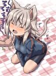  1boy 1girl animal_ears barefoot between_legs bike_shorts black_shirt black_shorts blue_jacket blush breasts brown_hair cat_ears cat_girl cat_tail closed_eyes commentary_request hair_between_eyes hand_between_legs highres jacket kemonomimi_mode koshirae_tsurugi long_hair long_sleeves low_ponytail m.m medium_breasts nose_blush open_mouth original out_of_frame ponytail puffy_long_sleeves puffy_sleeves scratching_chin seiza shirt shorts sitting solo_focus sweat tail track_jacket translation_request trembling 