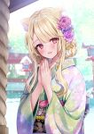  1girl animal_ears bangs blonde_hair blush braid building cat_ears day floral_print flower green_kimono hair_flower hair_ornament hair_over_shoulder highres japanese_clothes kimono long_sleeves looking_at_viewer new_year open_mouth original outdoors own_hands_together pink_flower praying print_kimono purple_flower red_eyes sidelocks smile snowing solo swept_bangs torii upper_body winter yugirlpict 