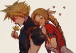  1boy 1girl aerith_gainsborough armor bangs blonde_hair braid braided_ponytail breasts brown_hair closed_eyes cloud_strife cropped_jacket dress final_fantasy final_fantasy_vii final_fantasy_vii_remake finger_to_mouth flower hair_between_eyes hair_ribbon heart holding holding_flower jacket long_hair medium_breasts one_eye_closed parted_bangs pink_dress pink_ribbon red_jacket ribbon sera_(serappi) short_hair short_sleeves shoulder_armor sleeveless sleeveless_turtleneck spiked_hair suspenders turtleneck upper_body yellow_flower 