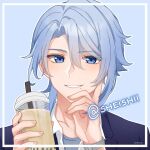  1boy artist_name blue_background blue_eyes blue_hair bubble_tea genshin_impact glass hair_between_eyes kamisato_ayato male_focus mole mole_under_mouth sheishii smile twitter_username watch wristwatch 