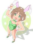  +_+ 1girl :d alternate_costume animal_ears arm_up bare_arms bare_legs bare_shoulders bow bowtie brown_hair commentary covered_navel detached_collar fake_animal_ears fang flat_chest from_above full_body green_bow green_bowtie green_eyes green_footwear green_leotard hair_intakes hairband hand_on_own_hip highres leotard looking_at_viewer looking_up oka_asahi onii-chan_wa_oshimai! open_mouth orange_hair outline playboy_bunny rabbit_ears rabbit_tail shadow shoes simple_background smile solo standing star_(symbol) strapless strapless_leotard tail two_side_up unkimo white_hairband white_outline wrist_cuffs 