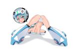  1girl ass blue_eyes blue_hair blush boots breasts facial_mark from_behind ico_(megaman_x_dive) jack-o&#039;_challenge large_breasts light_blue_hair mega_man_(series) mega_man_x_(series) mega_man_x_dive navel popo_(popo0cat) robot_girl solo swimsuit thighs underboob white_footwear 