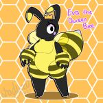  1:1 2023 2_toes 4_fingers 4_wings anthro arthropod artist_name bee biped black_arms black_body black_head black_legs breasts character_name cheek_spots chubby_anthro chubby_female crown english_text eva_the_queen_bee_(shadyadi) feet female fingers flat_colors fluffy fluffy_chest geometric_background hi_res honeycomb_background hymenopteran insect looking_at_viewer model_sheet mouthless multi_wing outline pink_eyelids queen_bee shadyadi simple_background solo striped_hands striped_legs text three-quarter_view toes translucent translucent_wings url watermark white_outline wings yellow_body yellow_chest yellow_legs 