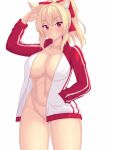  1girl animal_ear_fluff animal_ears arm_up ass_visible_through_thighs blonde_hair blush breasts cat_ears cat_girl cleavage collarbone commentary cowboy_shot english_commentary hair_ornament hand_in_pocket highres jacket large_breasts long_hair long_sleeves looking_at_viewer navel nottytiffy open_clothes open_jacket original parted_lips ponytail red_eyes simple_background smile solo thighs tiffy_(nottytiffy) 