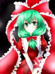  1girl arm_ribbon bow dark_background dress frilled_bow frilled_ribbon frills front_ponytail green_eyes green_hair hair_ribbon highres kagiyama_hina looking_at_viewer medium_hair puffy_short_sleeves puffy_sleeves red_bow red_dress red_ribbon ribbon short_sleeves smile solo touhou upper_body yzb-030 