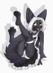 2024 anthro black_body black_fur black_pawpads bulge canid canine clothed clothing digital_media_(artwork) feet_up fox fur green_eyes hair hi_res inner_ear_fluff maid_uniform male mammal open_mouth open_smile pawpads simple_background smile solo tongue tuft uniform white_background white_hair yshanii