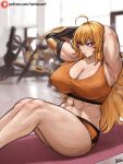  abs ahoge armpits artist_name batako_(batakoart) blonde_hair breasts cleavage exercise gym highres large_breasts mechanical_arms midriff muscular muscular_female navel orange_shorts orange_sports_bra plump rwby shorts signature single_mechanical_arm sit-up sports_bra yang_xiao_long 