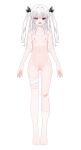  1girl absurdres ass_visible_through_thighs asymmetrical_legwear bandaged_fingers bandaged_hand bandaged_leg bandages breasts collar collarbone feet flat_chest full_body gradient_hair hair_ornament hair_ribbon heterochromia highres long_hair multicolored_hair navel nipples nude open_mouth original pink_eyes pussy red_eyes ribbon simple_background small_breasts smile socks standing thighhighs two_side_up white_background white_hair white_socks white_thighhighs xiao_lin_jiu 