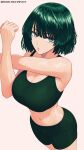  1girl arm_across_chest biker_clothes breasts cleavage cross-body_stretch english_commentary fubuki_(one-punch_man) green_eyes green_hair green_shorts green_sports_bra highres large_breasts looking_at_viewer mostlybluewyatt navel one-punch_man short_hair shorts simple_background solo sports_bra twitter_username white_background 