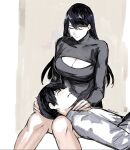  artist_name bangs black_hair black_sweater blush breasts brown_background cleavage closed_eyes covered_collarbone feet_out_of_frame grey_shirt highres invisible_chair kamishiro_rize kaneki_ken long_hair long_sleeves lying on_back on_lap shiny_hair shirt short_hair sitting smile sweater tokyo_ghoul wavy_mouth white_background yourfreakyneighbourh 